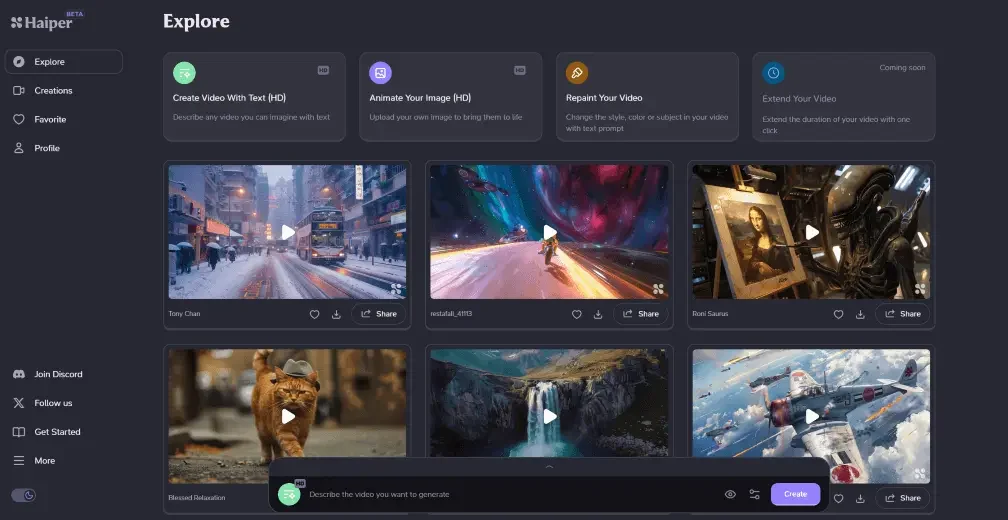 Haiper AI production interface and dashboard screenshot