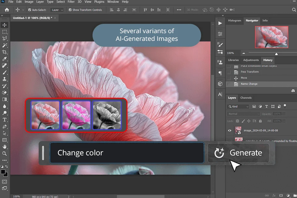 Photoshop AI production interface and dashboard screenshot